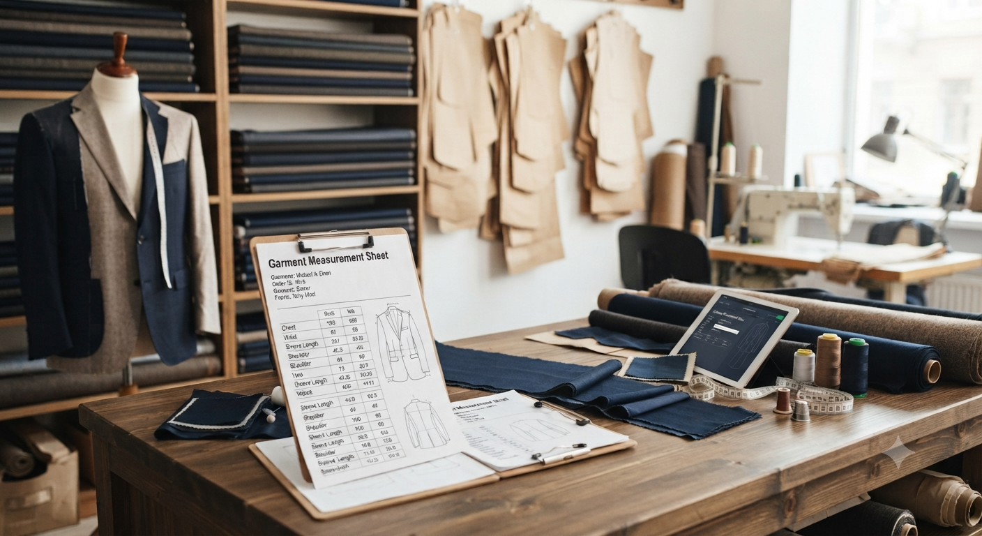 Tailoring measurement chart showing garment-specific measurement templates