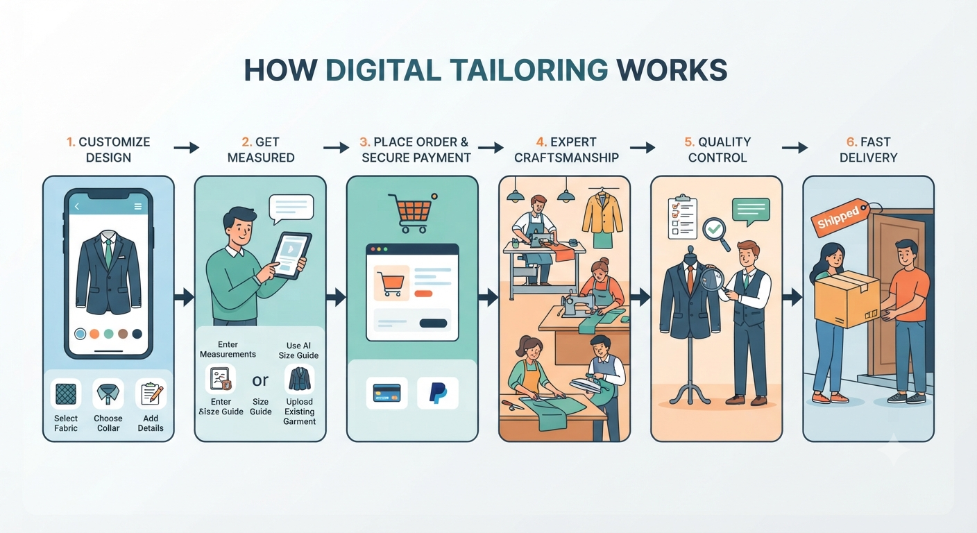 How a digital tailoring business works: enquiry, measure and save, order and advance, stitch and track, deliver and invoice