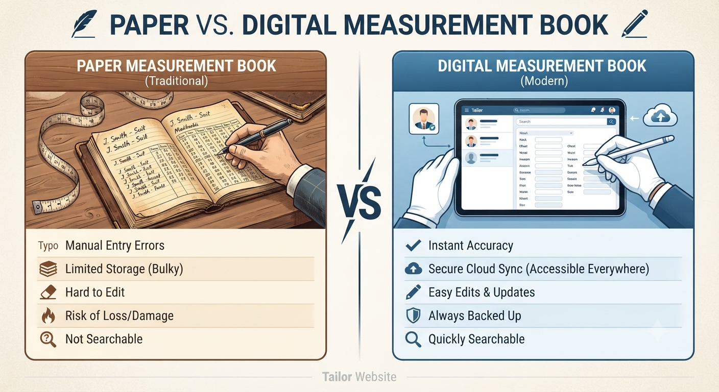 Paper measurement book compared with a digital measurement book app on a phone