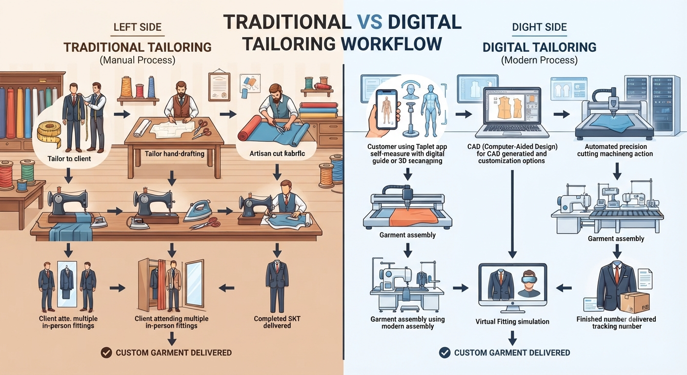 Traditional tailoring shop workflow compared with a digital tailoring business workflow across enquiry, measurements, order status, payments and backup