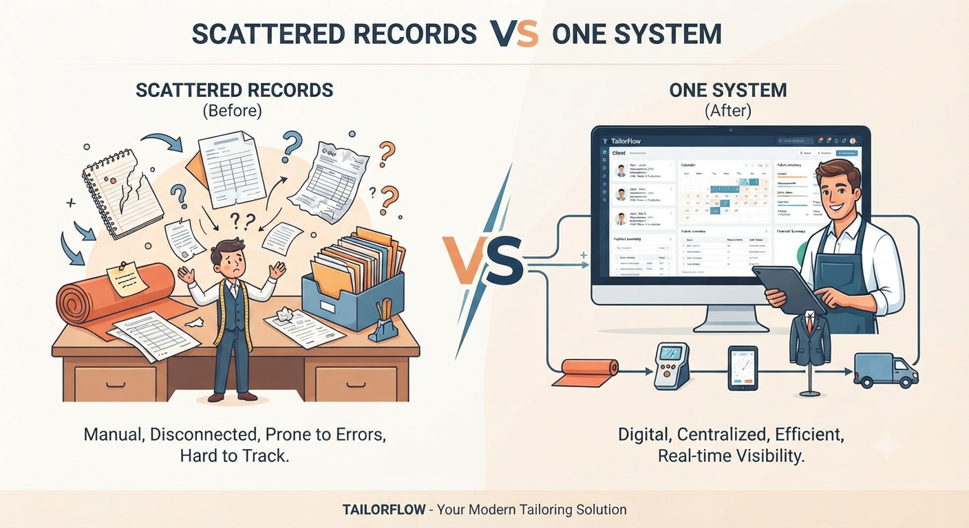 Shop information scattered across registers, chats and slips compared with one tailor business software system