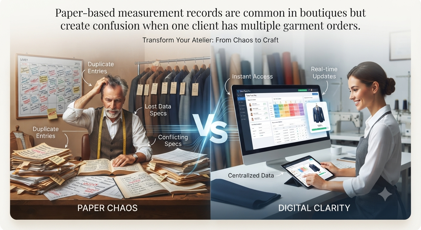 Boutique measurement notebook with handwritten client records