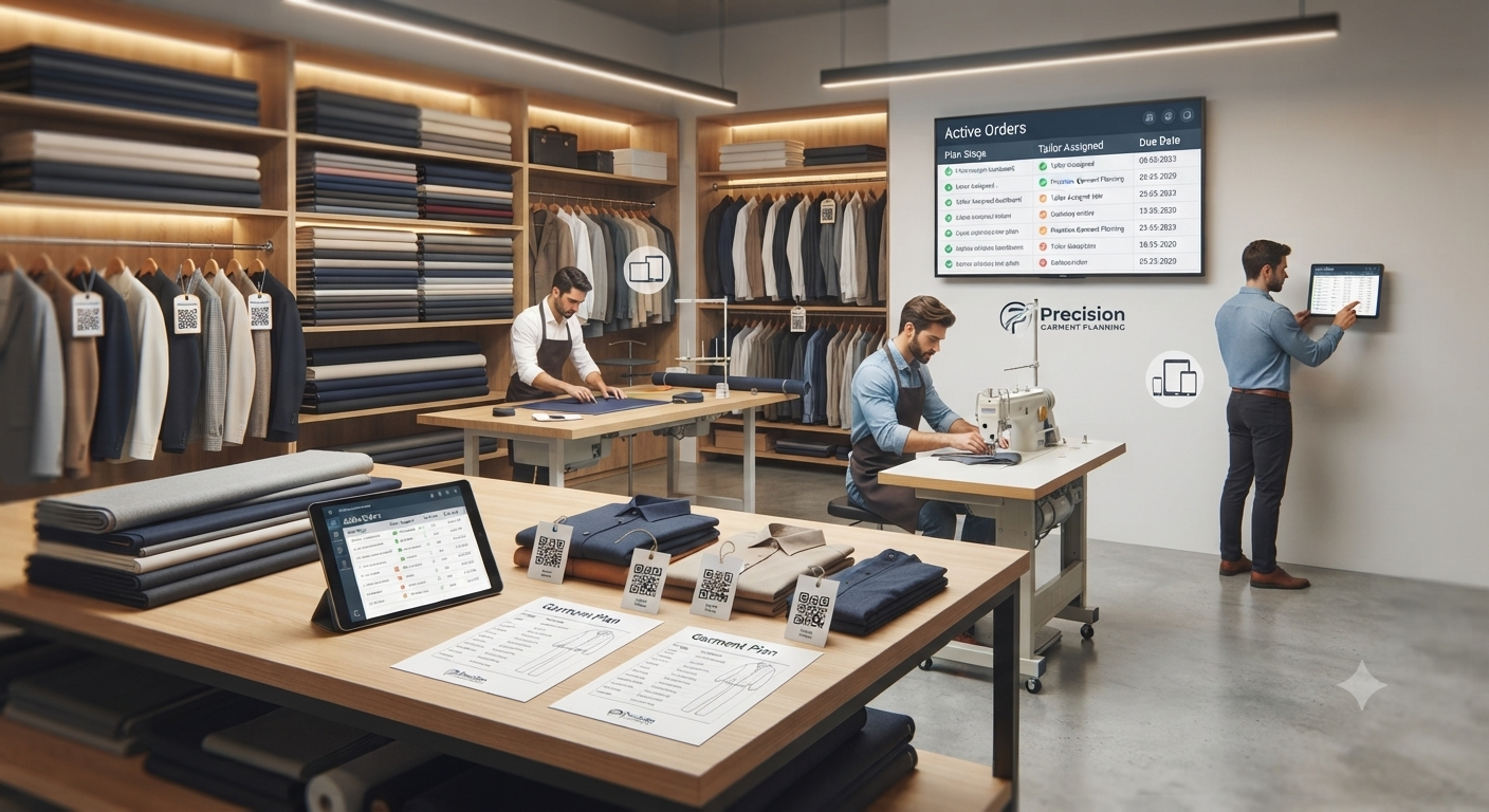 Fabric samples and garment design sketches in a tailor shop representing organised order and delivery management