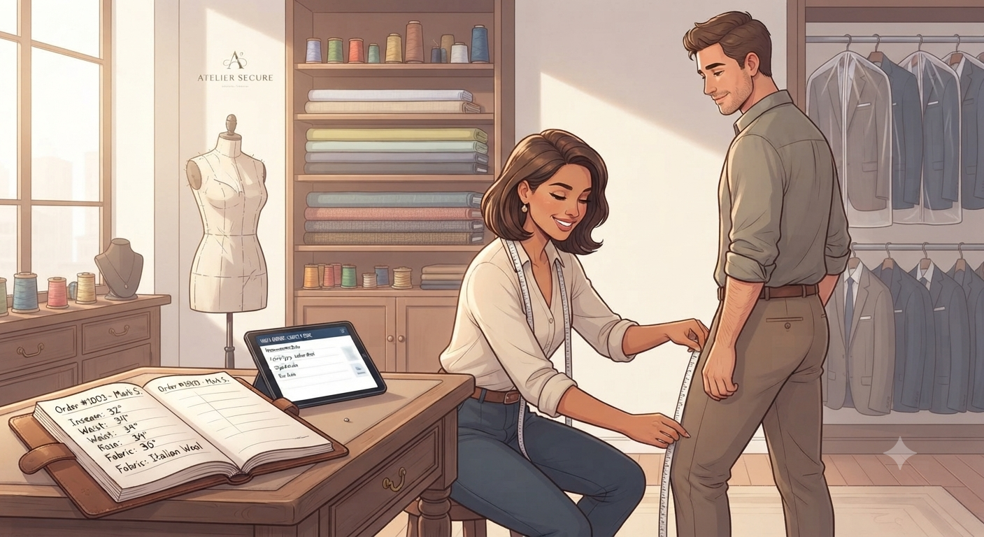 Fashion designer measuring a client in a boutique setting