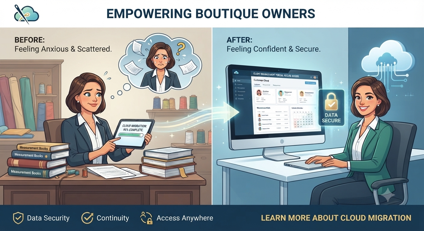 Boutique owner smiling while working on laptop representing small business owner managing customer data securely in the cloud