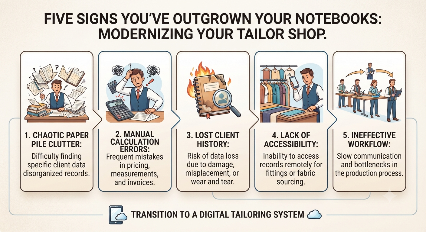 Five signs a tailoring business has outgrown notebooks: slow searches, piling notebooks, reading errors, unclear payments and dates, one copy only