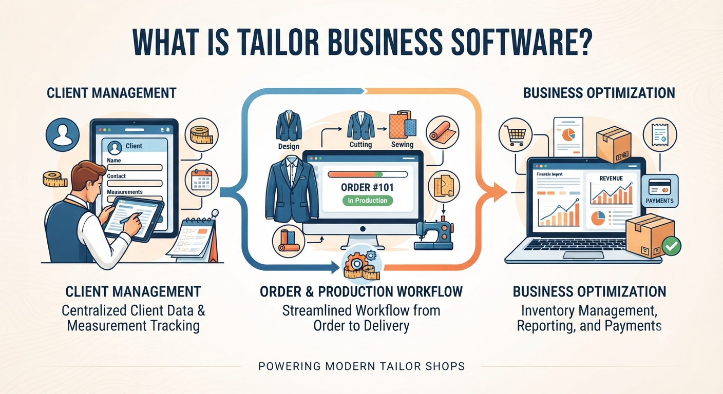 Tailor business software connecting customers, measurements, orders, payments, delivery dates and invoices in one phone app